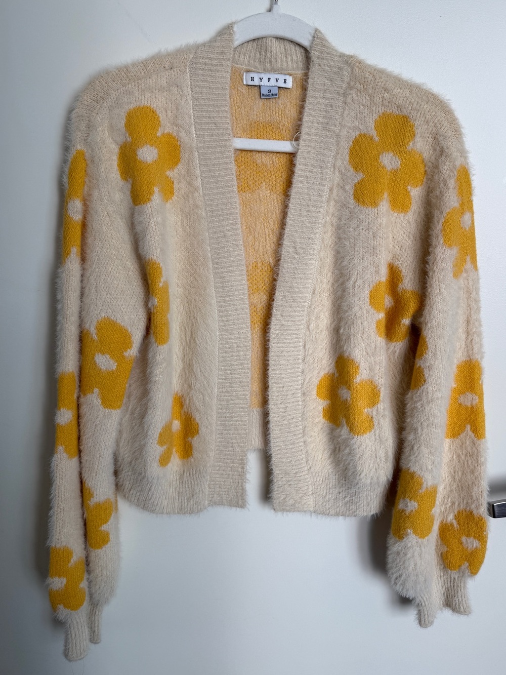 HYFVE Fuzzy Cream Cardigan with Mustard Yellow Floral Pattern